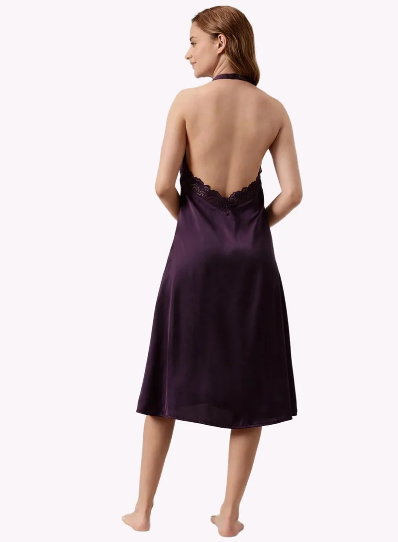 Clovia Purple Long Nighty in Wine Colour - Satin for Women | Best Price UAE